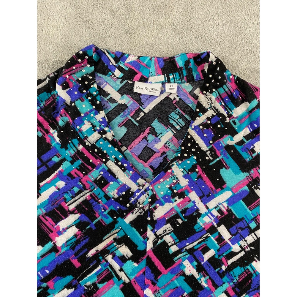 Kim Rogers Woman 2X Abstract Geometric Rhinestone V-Neck 3/4 Sleeve Top - Picture 3 of 9